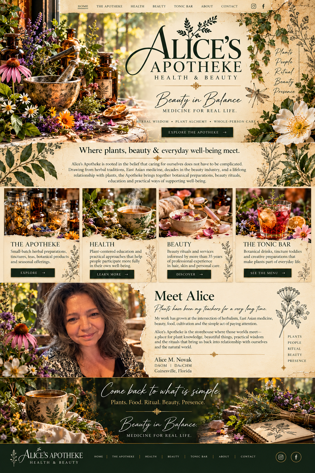 Alice's Apotheke Health & Beauty botanical homepage featuring herbal preparations, beauty, tonic bar and Meet Alice sections